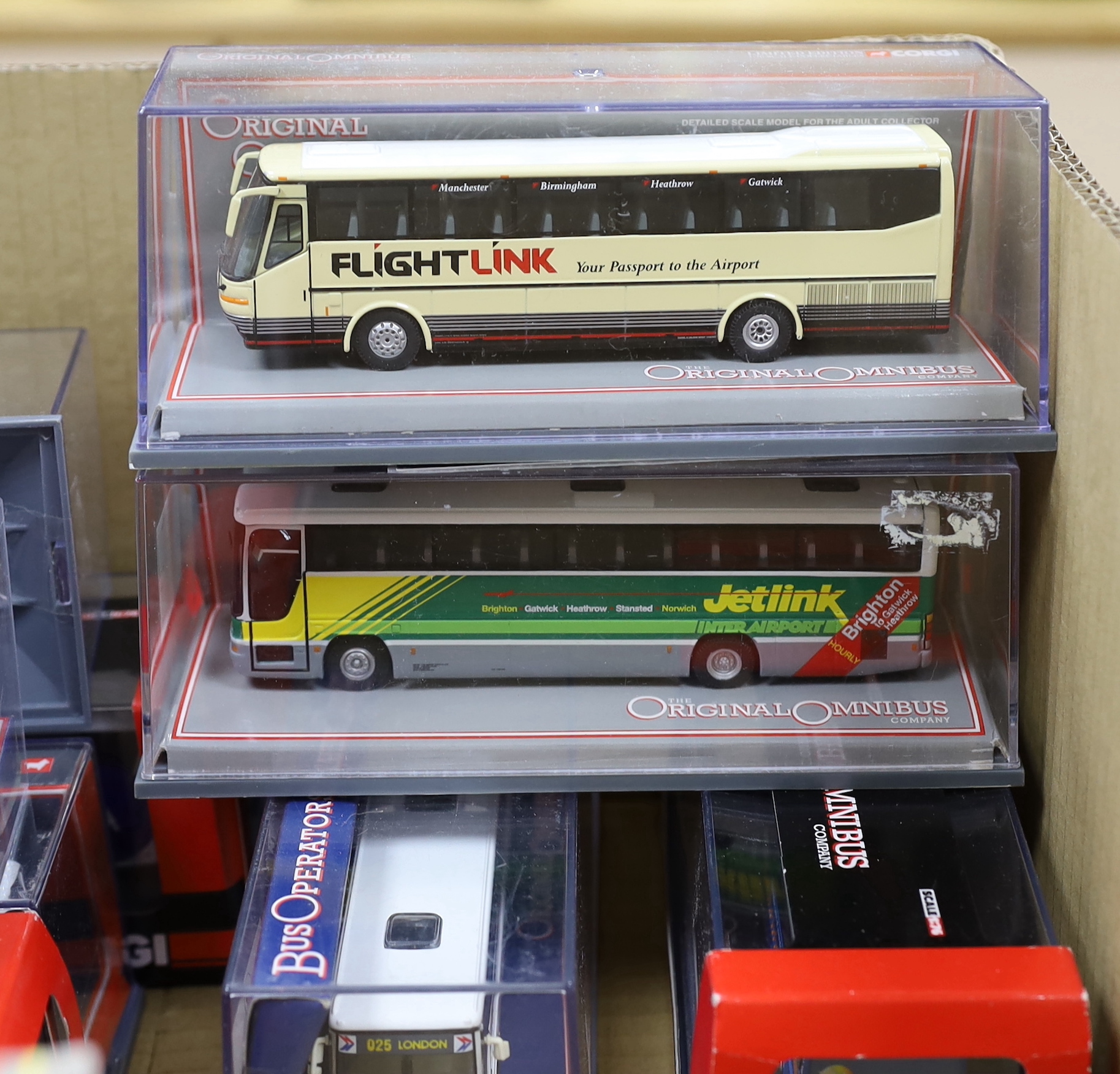 Two boxes of boxed EFE, Corgi OOC and Britbus diecast buses and coaches (33)